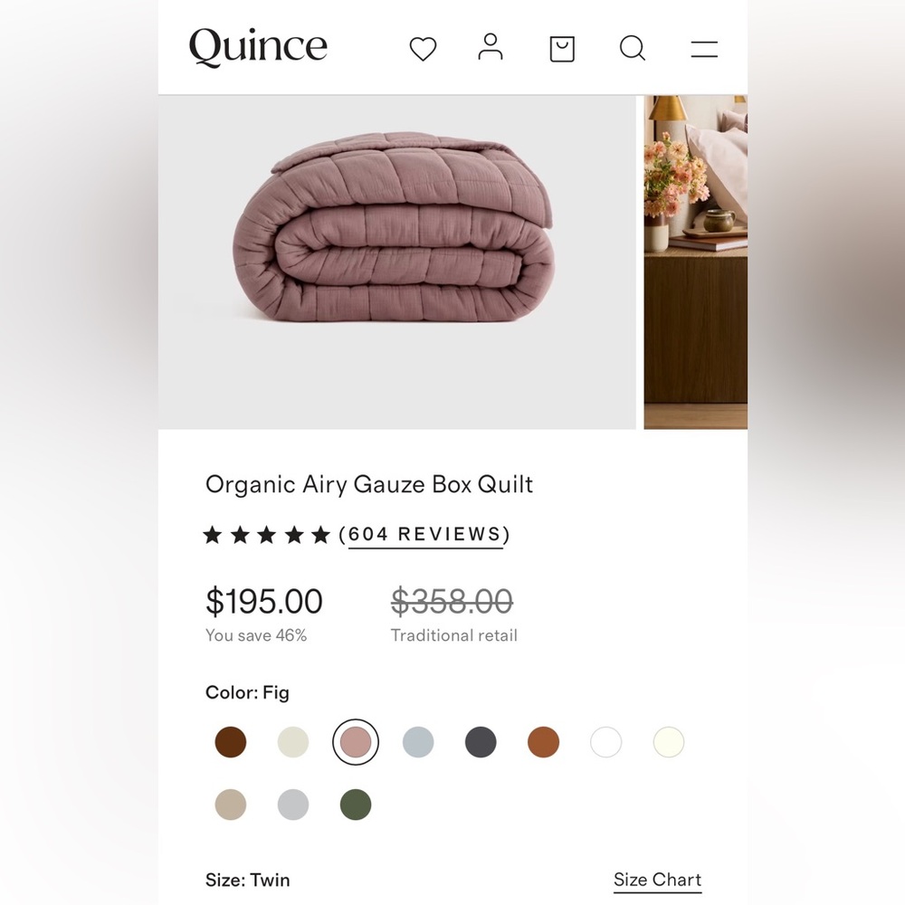 NWT Quince Organic Airy Gauze Box Twin Quilt in Fig - Picture 6 of 7